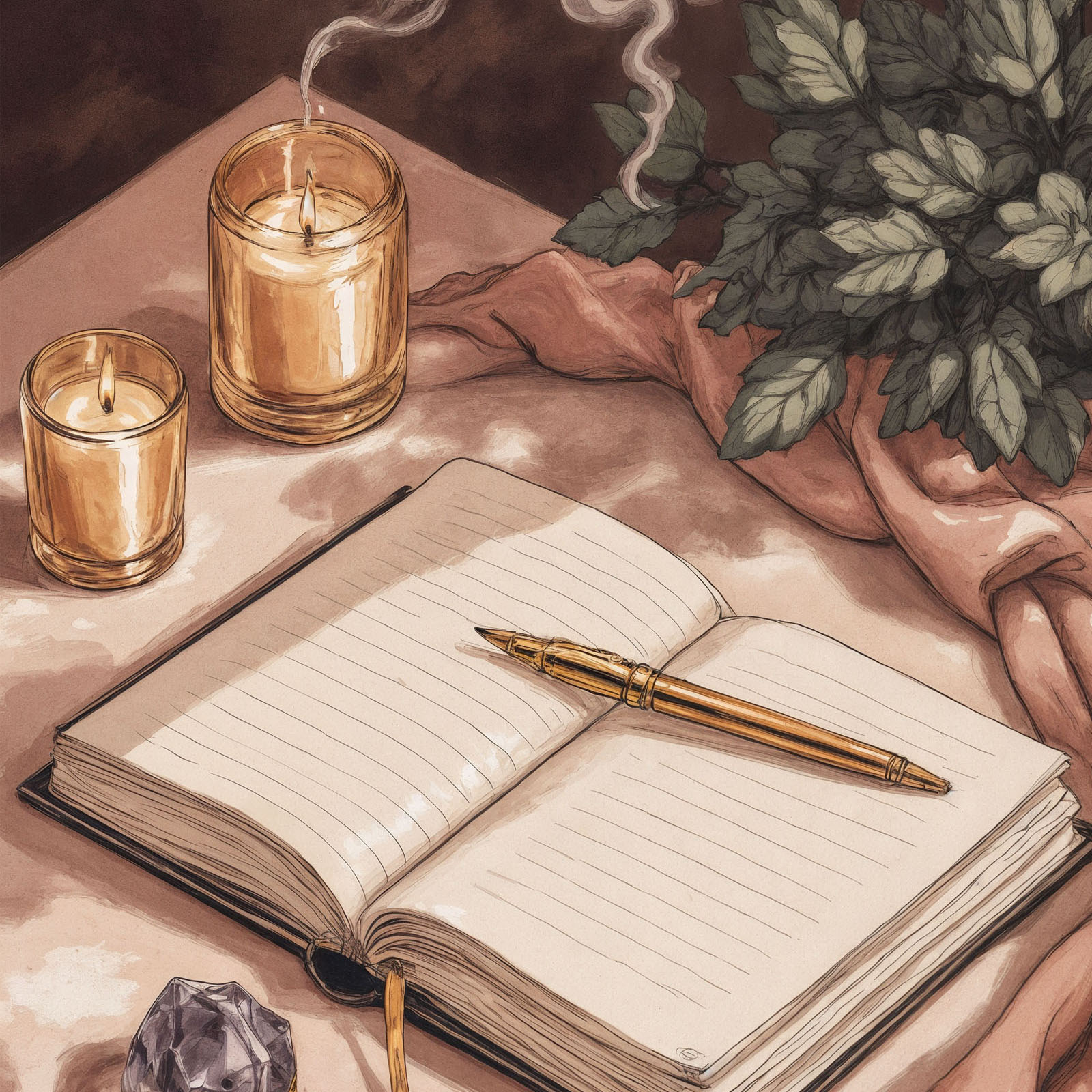 Editorial still life with journal, candle and incense
