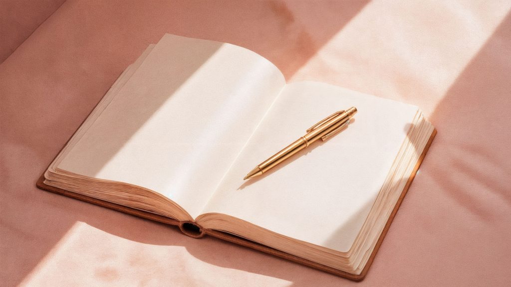 open linen journal with gold pen in morning light — IKTR morning still-life scene