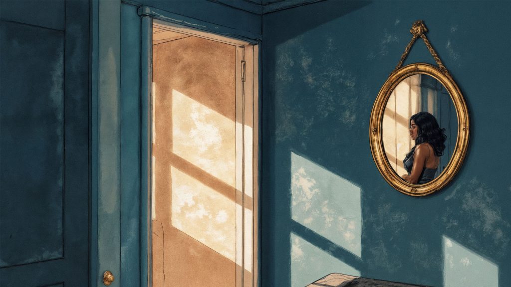 minimalist room with sunlight through closed door and soft reflection — IKTR Shift visual “Becoming Unavailable for Chaos”