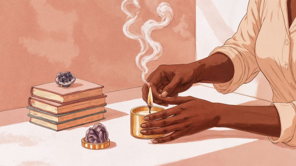 brown-skinned woman’s hands lighting candle beside journal and amethyst — IKTR Soft Power visual “Rituals That Bring You Home”