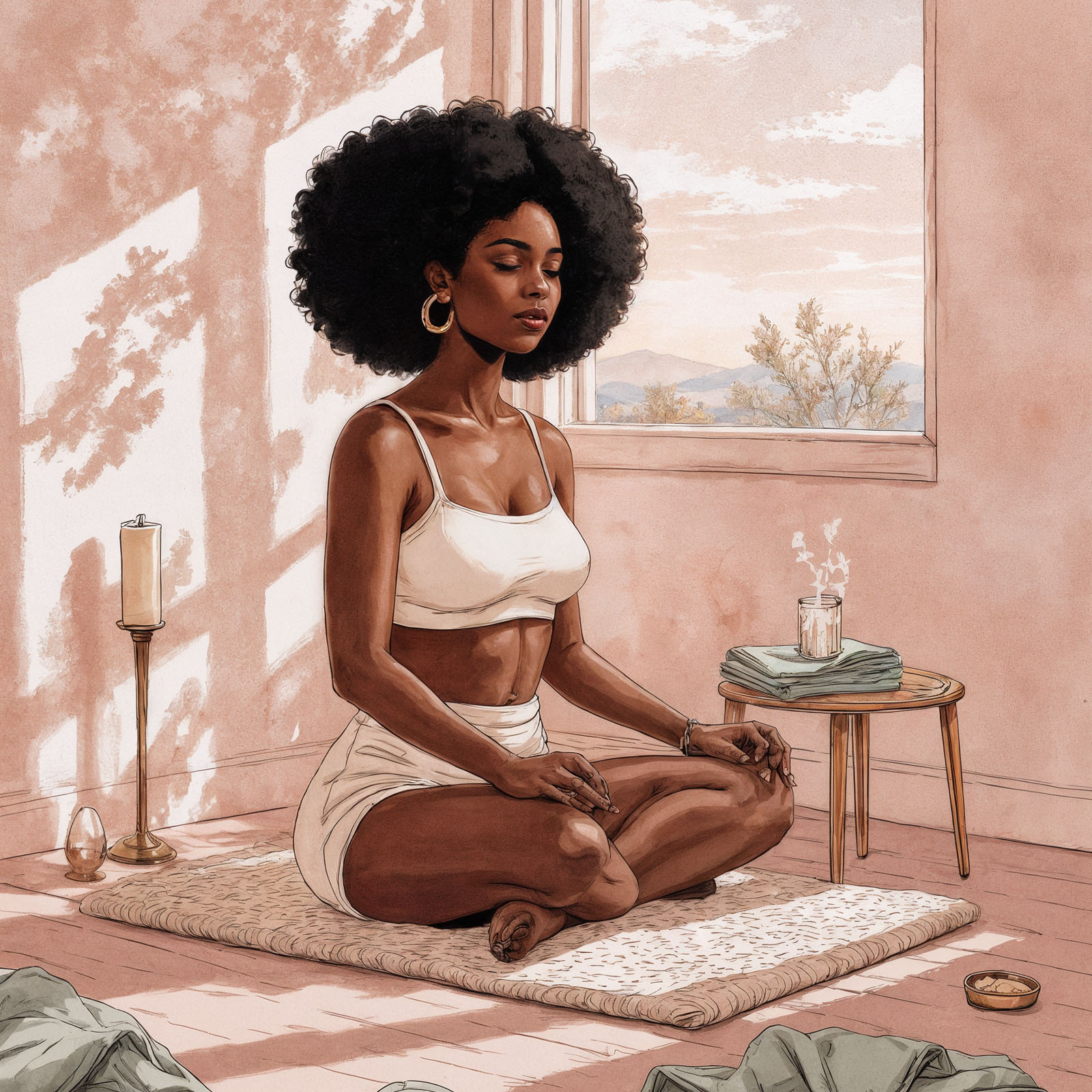 Minimal morning ritual scene with warm light