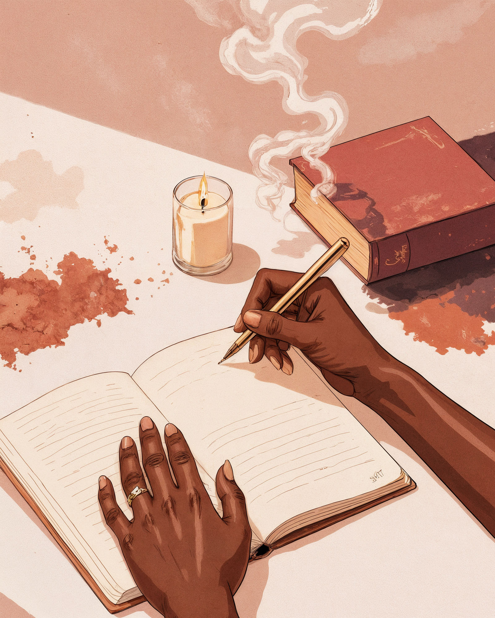 Quiet ritual scene: soft light, journal, candle, and breath of calm