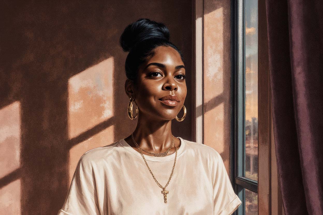 A reflective illustration of a woman in a calm moment of self-awareness.