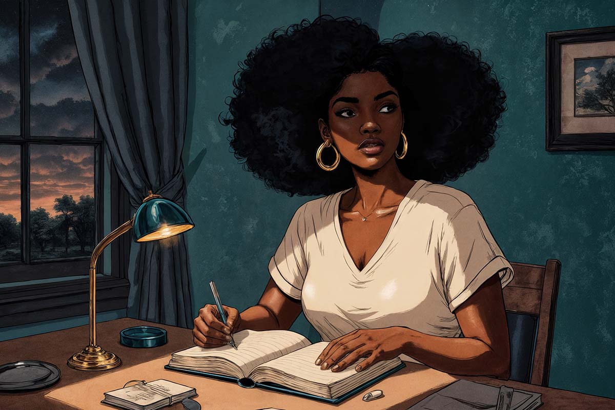 A soft, moody illustration of a woman journaling at a desk.