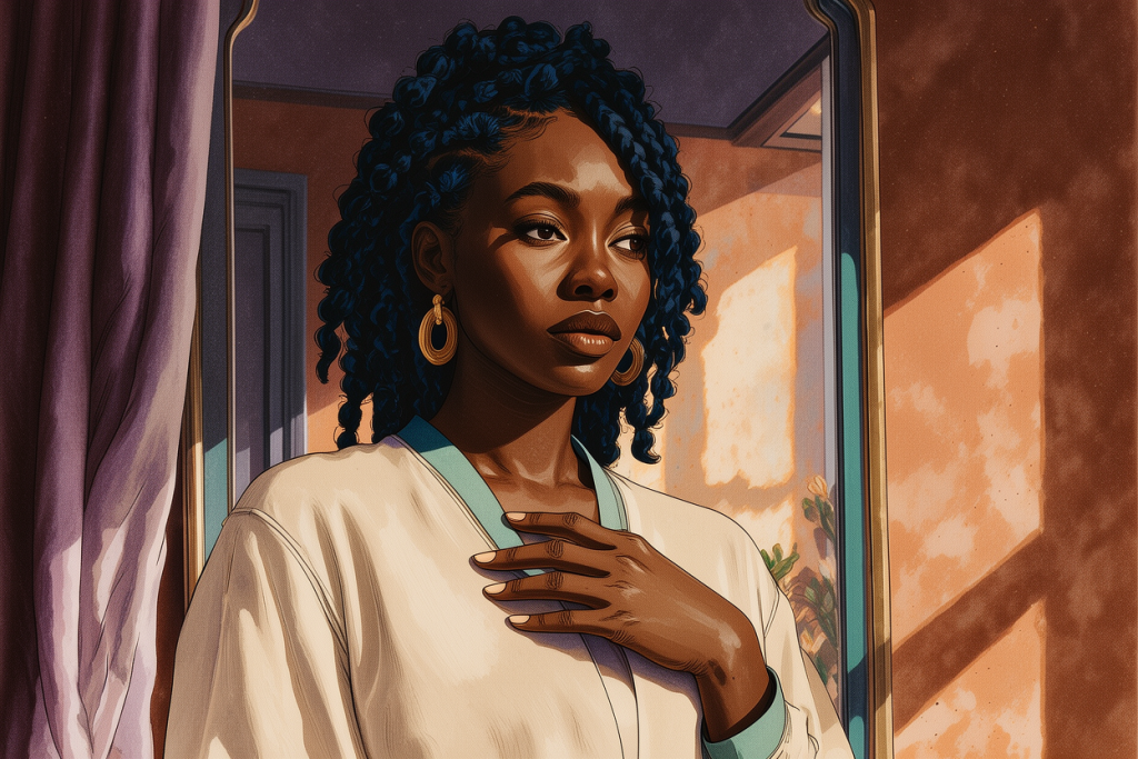 A reflective woman in a quiet moment of self-awareness and inner trust.
