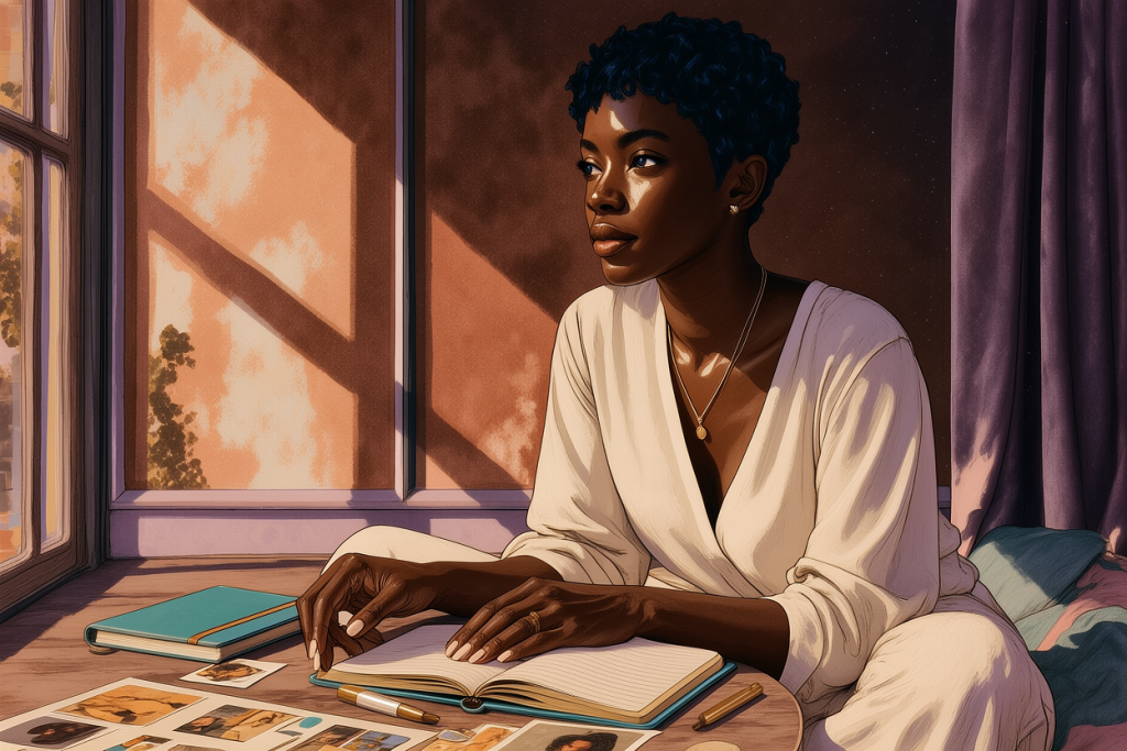 A reflective woman sitting with a journal and vision board in a quiet moment of self-awareness