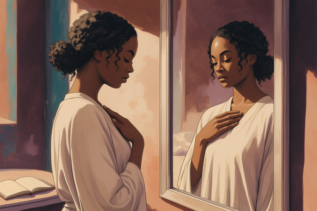 A reflective woman standing in front of a mirror, quietly affirming self-trust.