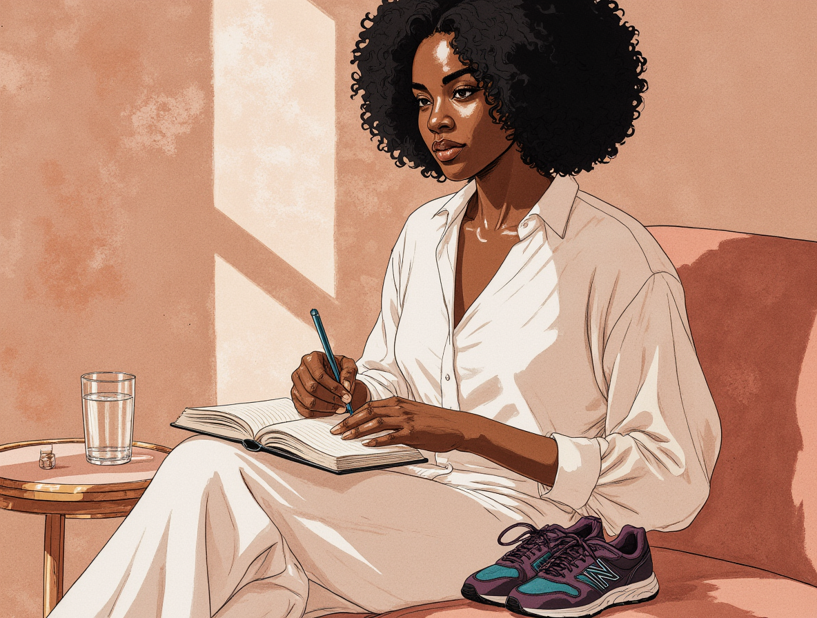 A reflective woman journaling and rebuilding self-trust through small daily actions.