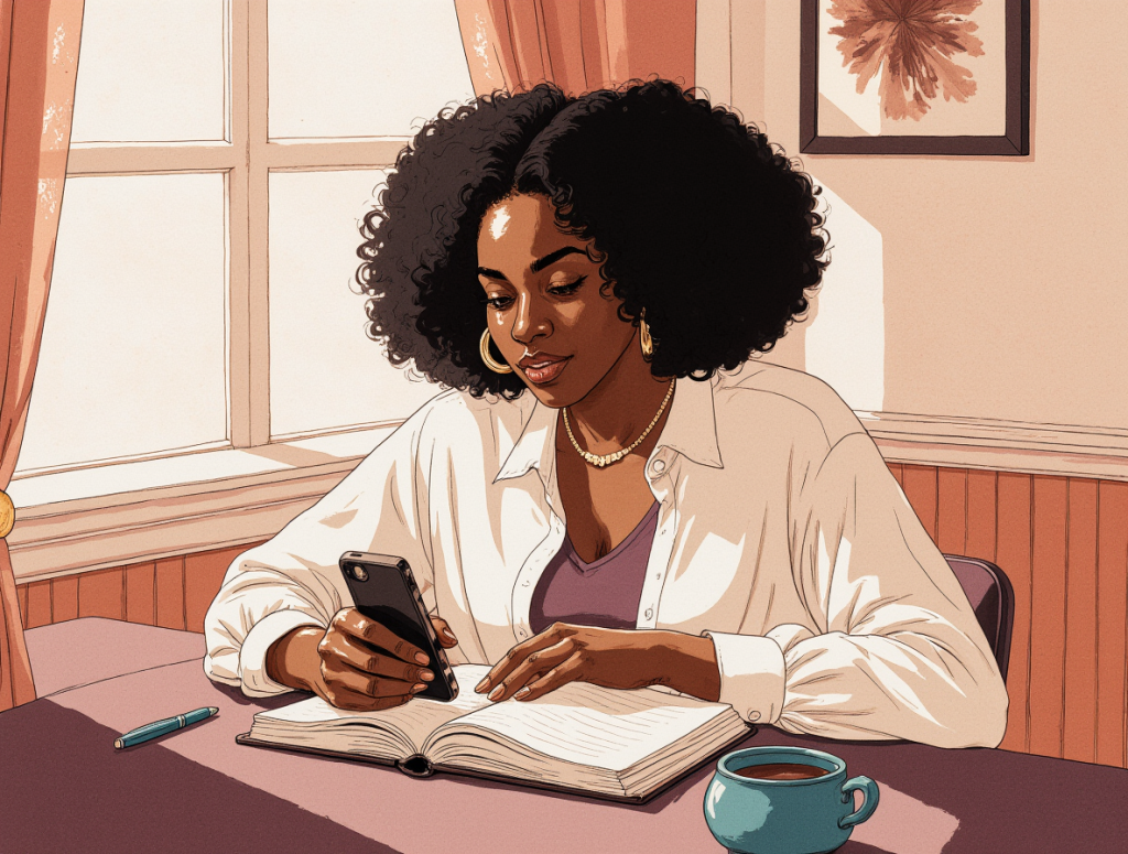 A reflective woman sitting quietly with a notebook, listening to her own thoughts before seeking advice.